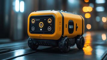 A compact robotic delivery unit is positioned on a smooth, modern surface with bright lighting, showcasing its sophisticated design for last mile logistics and autonomous transportation. photo