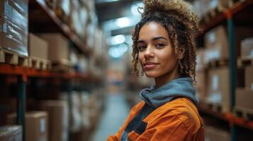 A logistics professional stands confidently in a bustling warehouse filled with organized boxes. The environment highlights the integration of automation and efficient transportation systems. photo