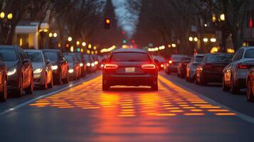 Vehicles navigate a bustling urban street equipped with advanced connectivity features. Smart road technology uses sensors to optimize traffic flow and enhance safety at dusk. photo