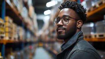 A young man stands in a busy warehouse, overseeing logistics operations. He is engaged in the fulfillment process within a vast inventory storage area, ensuring efficiency. photo