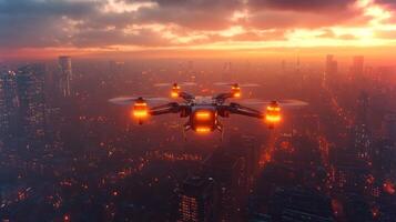 A drone operates during sunset, navigating through a vibrant city skyline while engaged in last mile delivery logistics. The scene showcases automation in transport technology. photo