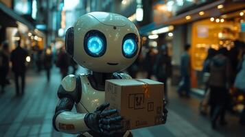 A small robotic delivery unit navigates a busy urban street, carrying a package while assisting with last mile logistics and showcasing advanced automation in transportation. photo