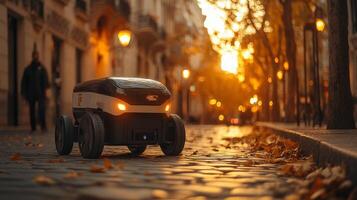 An autonomous delivery robot moves along cobblestone streets as the sun sets, highlighting advancements in logistics and transportation technology in an urban environment. photo