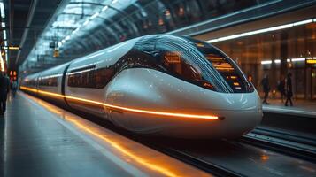 A futuristic smart train stands ready at a bustling transportation hub, highlighting advancements in automation and efficient mobility solutions designed for the urban landscape. photo