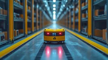 A small automated robot moves along a designated path in a contemporary warehouse designed for logistics and distribution. The environment features organized shelving filled with packages. photo
