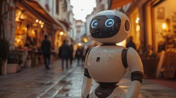 A robotic delivery assistant is seen on a bustling street where people move past shops and cafes during the evening. The area is illuminated by warm lights, enhancing the lively atmosphere. photo