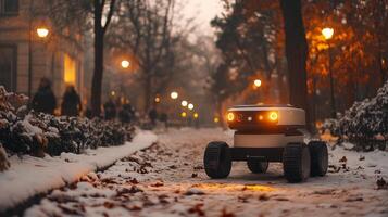 A robotic delivery unit moves along a snow covered urban path at twilight, illuminated by streetlights as pedestrians stroll in the background creating a lively atmosphere. photo