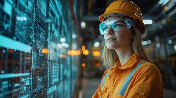 A female engineer in a safety helmet and goggles evaluates digital logistics data on a transparent screen. The high tech warehouse environment highlights automation in transportation and fulfillment. photo