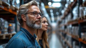 Two professionals evaluate the organization and automation within a logistics center focused on enhancing mobility and fulfillment processes amidst extensive storage systems. photo