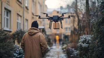 A man observes a drone delivering a package in a snow covered urban area, showcasing the integration of automation in logistics and last mile transportation solutions. photo