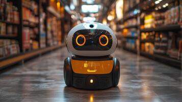 A friendly robotic delivery assistant navigates through supermarket aisles, showcasing advanced technology designed for efficient last mile logistics and automation in modern retail operations. photo