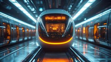 A sleek autonomous smarttrain stands ready in a state of the art transportation hub, highlighting advanced control systems and automation technology for enhanced mobility and efficiency. photo