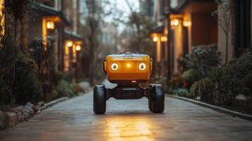 A robotic delivery vehicle moves along a cobblestone pathway in a pedestrian friendly neighborhood, showcasing automation in logistics and transportation at dusk. photo