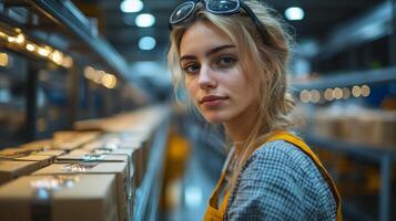A young woman in a warehouse setting is checking packages on the shelves as part of the logistics operations. The facility is equipped with advanced automation technology for efficiency. photo