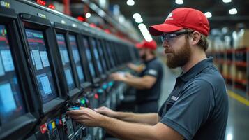 Logistics workers engage with advanced automated systems to manage and streamline operations in a modern warehouse. Their focus ensures timely fulfillment and efficient distribution. photo