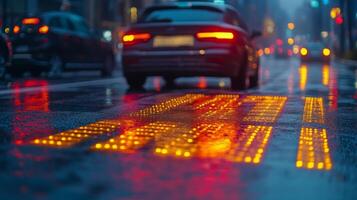 Smart road infrastructure features illuminated markings in rainy weather, optimizing vehicle navigation. V2X communication enhances safety and efficiency for autonomous transport systems. photo