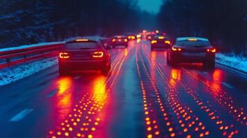 Vehicles travel on a slick road covered with rain, leaving bright trails of light as dusk settles around them. The atmosphere highlights connectivity and advanced mobility. photo