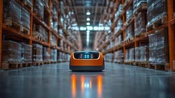 A sleek automated robot navigates through a wide warehouse aisle lined with wooden pallets, optimizing transportation and logistics for distribution and fulfillment. photo