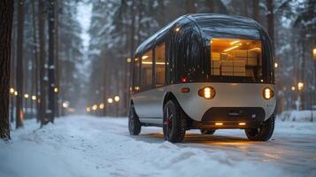 An autonomous delivery vehicle moves through a snowy forest path in the evening, highlighting futuristic logistics capabilities and innovative transportation solutions for last mile delivery. photo