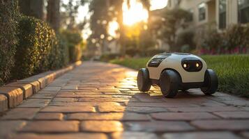 A small robotic delivery vehicle is moving along a brick pathway in a residential area as the sun sets, illustrating advancements in automated transportation and mobility. photo