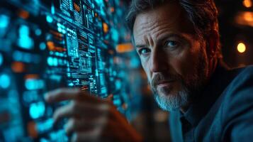 A logistics expert focuses on dynamic data visualizations on a futuristic display. The setting showcases advanced technology in a fulfillment center aimed at optimizing supply chain operations. photo