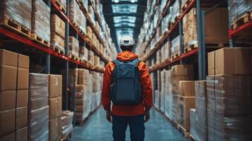 A person wearing a backpack stands in a large logistics warehouse surrounded by neatly stacked boxes, emphasizing the importance of organization and mobility in distribution. photo