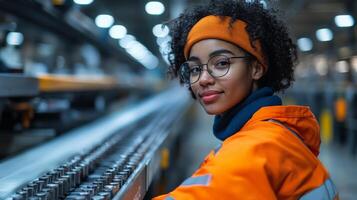 A young female worker with curly hair and glasses stands in a logistics center, attentively monitoring the automated sorting system for efficient inventory management. photo