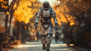 A humanoid robot in a white suit walks through a tree lined street with autumn foliage, showcasing advancements in automated transportation and logistics in a serene urban environment. photo