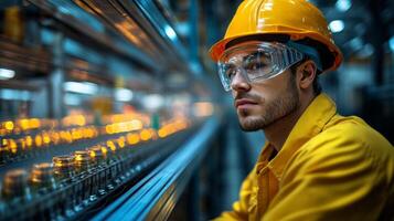 A worker in safety gear closely monitors an advanced automated assembly line at a logistics center, ensuring efficient operations during the evening shift. photo