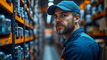 A dedicated worker monitors the inventory in a modern logistics center, ensuring efficient distribution and automation processes. The vibrant environment supports mobility and infrastructure. photo