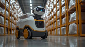 A robotic delivery vehicle navigates through a busy warehouse aisle, transporting packages with precision while showcasing advanced automation and mobility technology. photo