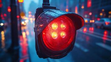 Red traffic signal stands out against a rainy urban backdrop at dusk, symbolizing the integration of technology and safety in modern mobility and transport systems. photo
