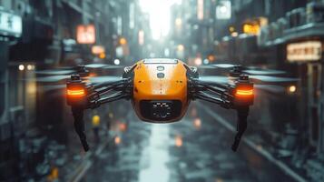 A drone hovers above a wet urban street, demonstrating advanced technology in logistics and delivery services while highlighting the future of autonomous transportation. photo