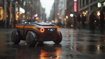 A robotic delivery vehicle operates on a wet urban street, illuminated by various storefront lights, showcasing advancements in logistics and automation during evening hours. photo