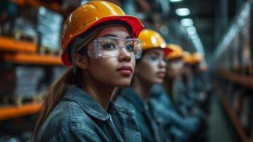 A team of professionals wearing safety gear is strategically positioned in a logistics center, preparing for tasks related to transportation and distribution in an automated system. photo