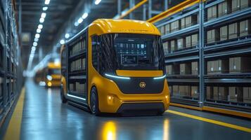 A futuristic autonomous delivery vehicle is navigating through a high tech warehouse filled with neatly organized boxes. Automation in logistics is showcased as it prepares for last mile delivery. photo