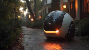 An autonomous delivery robot moves along a tree lined pathway in a suburban area, illuminated by soft street lamps as dusk settles, illustrating the future of automated logistics. photo