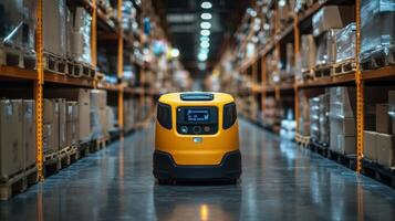 An automated delivery vehicle moves along the aisles of a logistics center, navigating between shelves filled with packages during busy operational hours. photo
