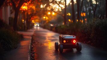 A small autonomous delivery robot travels along a dimly lit urban pathway amidst trees and evening lights, illustrating advancements in delivery automation and urban mobility. photo