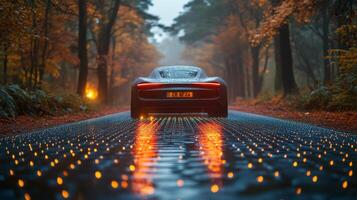 An autonomous car travels along a smart road illuminated by vibrant lights amidst a rainy autumn evening. Trees with colorful foliage create a serene backdrop, enhancing the ambiance. photo