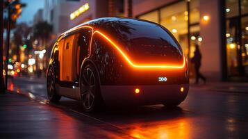 A sleek autonomous delivery vehicle with illuminated features navigates through urban streets during early evening, optimizing transportation and logistics for last mile delivery. photo