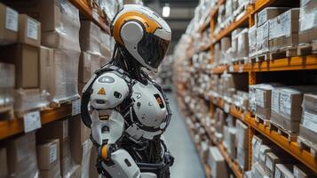 A humanoid robot stands in a warehouse aisle surrounded by neatly stacked boxes. This robotic unit is designed for efficient logistics and delivery tasks, enhancing automation in transportation. photo