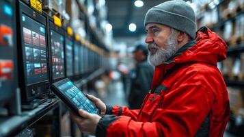 A worker in a red jacket checks real time logistics data on a tablet inside a busy warehouse, ensuring smooth transportation and distribution processes. photo