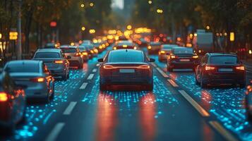 Autonomous vehicles navigate a busy urban street equipped with smart road technology that includes sensors and connectivity features while dusk settles over the city. photo