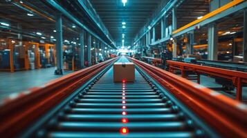 A warehouse focuses on transportation and fulfillment automation with a package moving along a conveyor belt, highlighting modern logistics solutions in action during daylight hours. photo