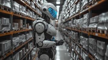 A robotic assistant stands between shelves filled with packages in a logistics warehouse, actively supporting automation in transporting goods for efficient last mile delivery. photo
