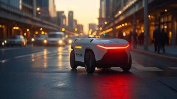An autonomous delivery robot moves through busy city streets at dusk, showcasing the future of transportation and last mile delivery solutions in urban environments. photo