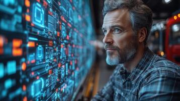 A logistics professional analyzes complex data displayed on a large screen, focusing on automation and mobility in a busy warehouse environment during working hours. photo