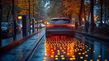 A sleek autonomous vehicle drives on a smartroad illuminated by vibrant sensors in the twilight. Surrounding trees display autumn foliage, and city infrastructure supports modern transport. photo