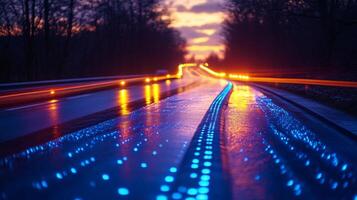 Twilight envelops a smartroad system showcasing illuminated lanes and sensors designed to improve transportation, promote automation, and enhance vehicle connectivity for safer travel. photo